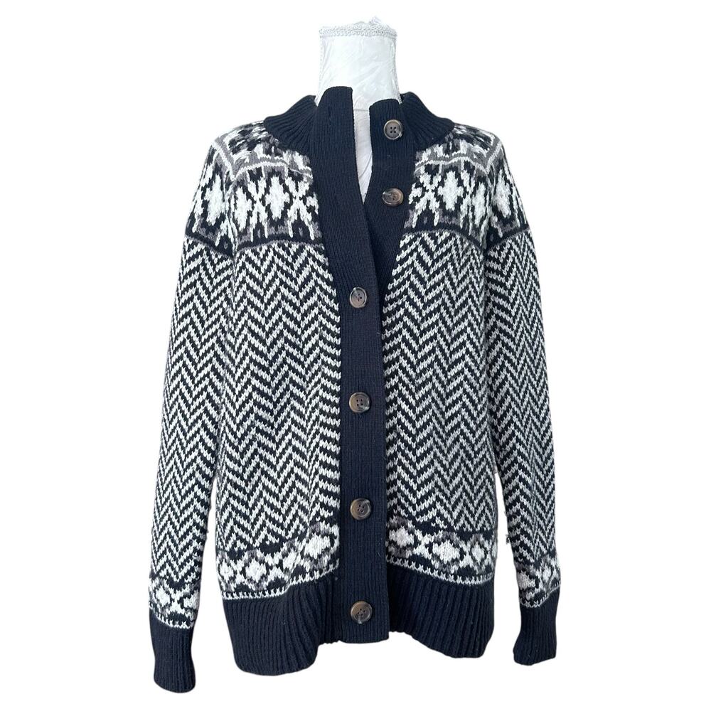 Lands’ End Black White Fair Isle Cardigan Sz M